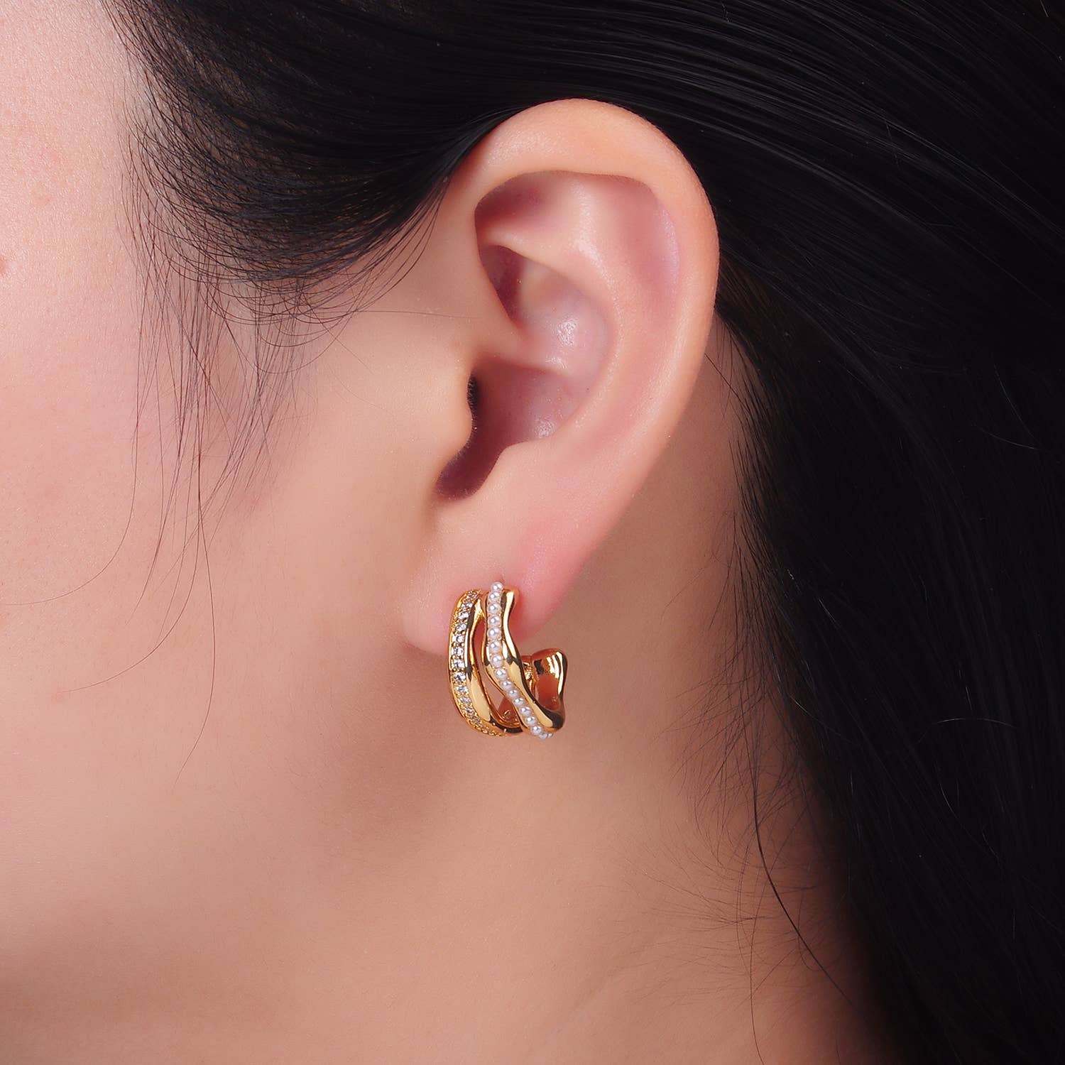 24K Gold Filled CZ Pearl Double Band C-Shaped Hoops | Q534