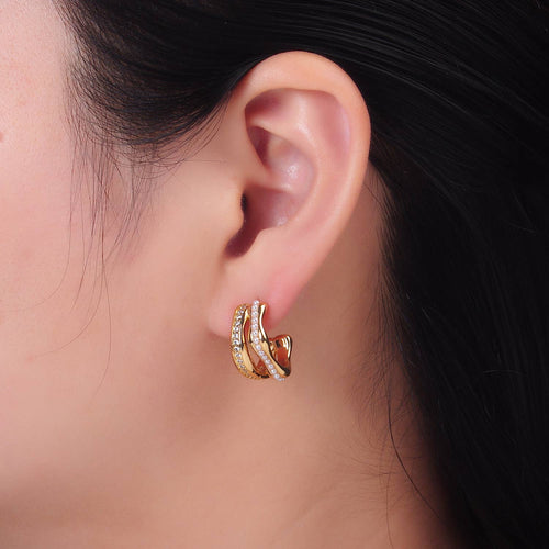 24K Gold Filled CZ Pearl Double Band C-Shaped Hoops | Q534