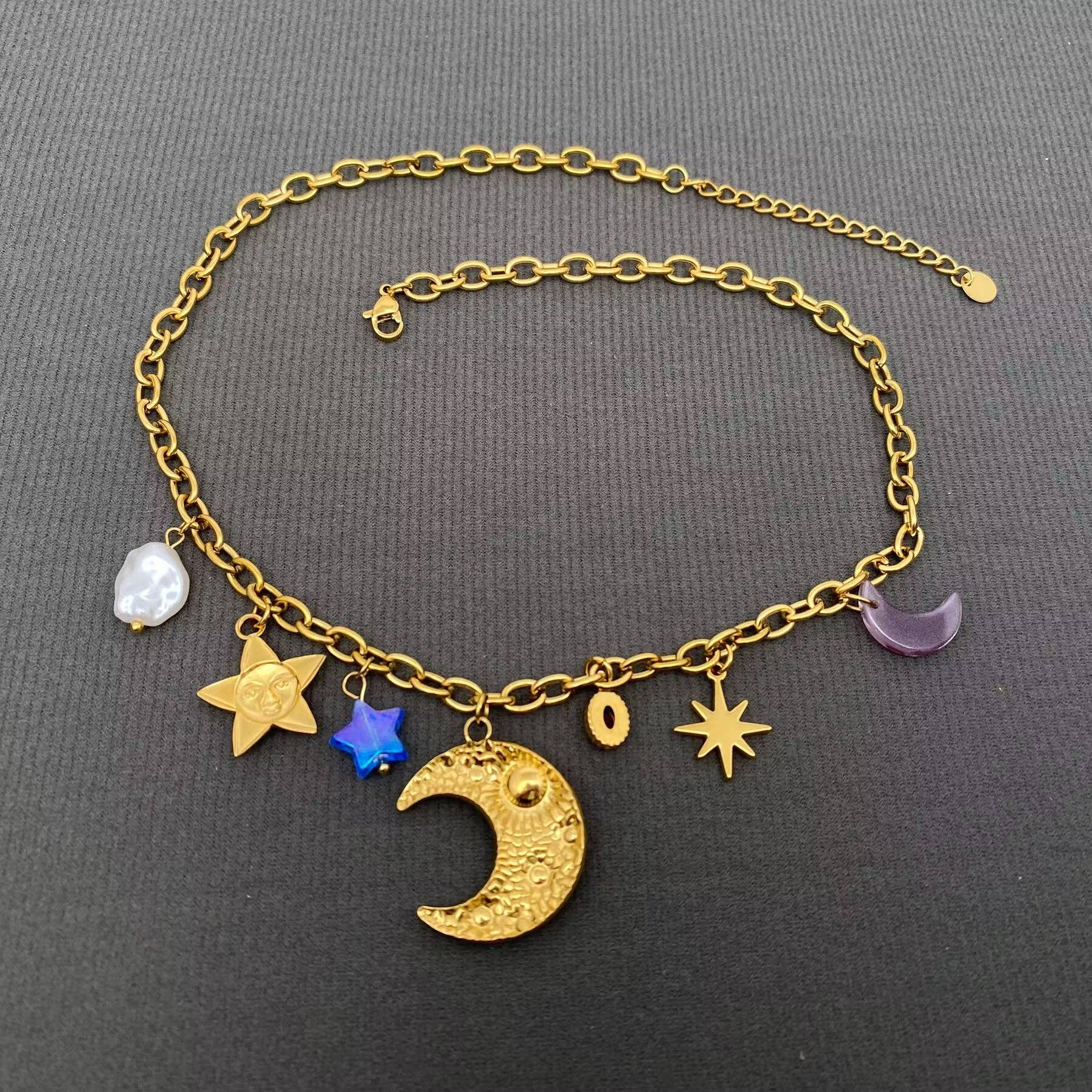 Fantastic Star Moon Charm 18K Golden SS Necklace - FGS/MS