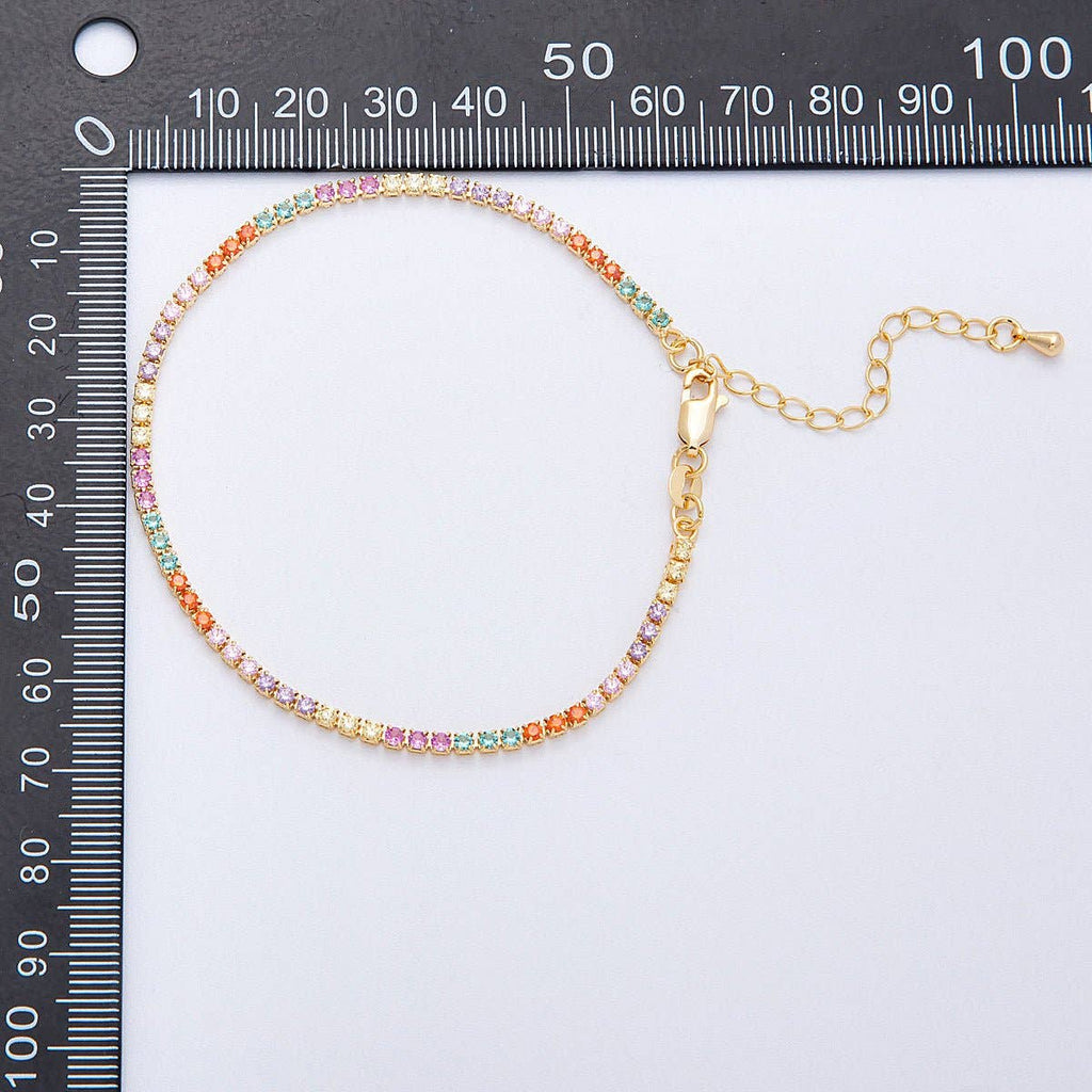 18K Gold Filled 2.5mm Multicolor CZ Tennis Chain 8 Inch Bracelet w. Extender | WA-04198