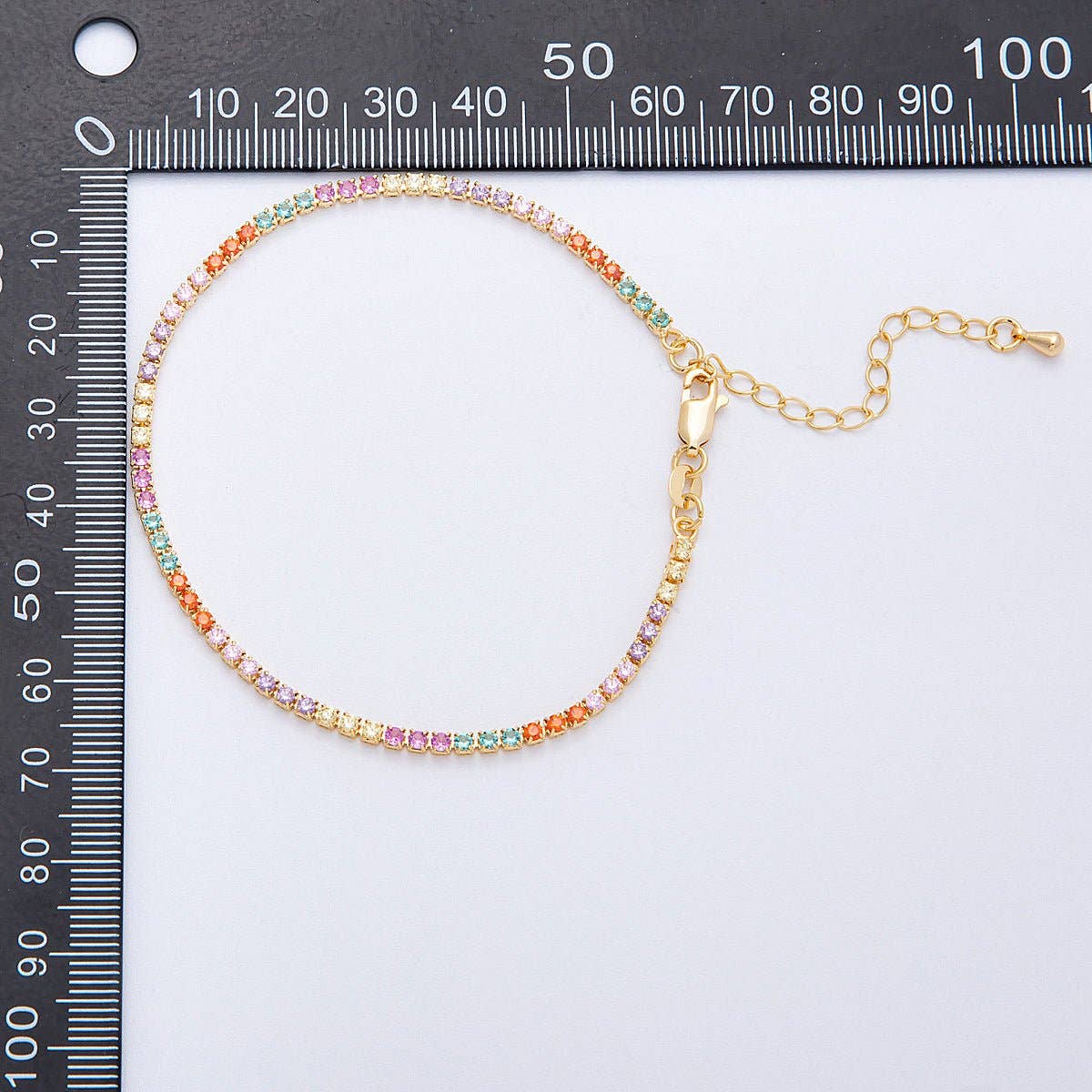 18K Gold Filled 2.5mm Multicolor CZ Tennis Chain 8 Inch Bracelet w. Extender | WA-04198