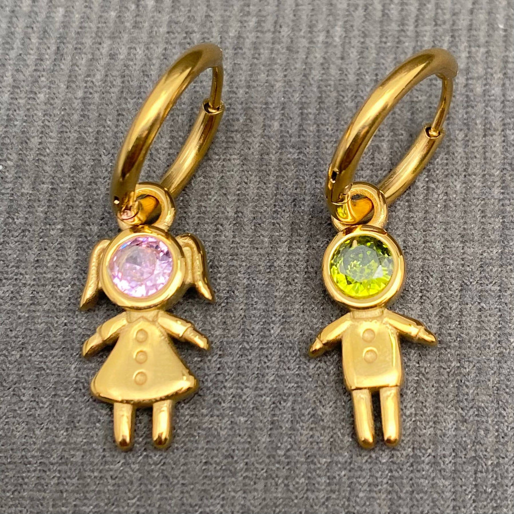 Zircon Inlaid Boy and Girl 18K Golden SS Huggie Earrings - FGS