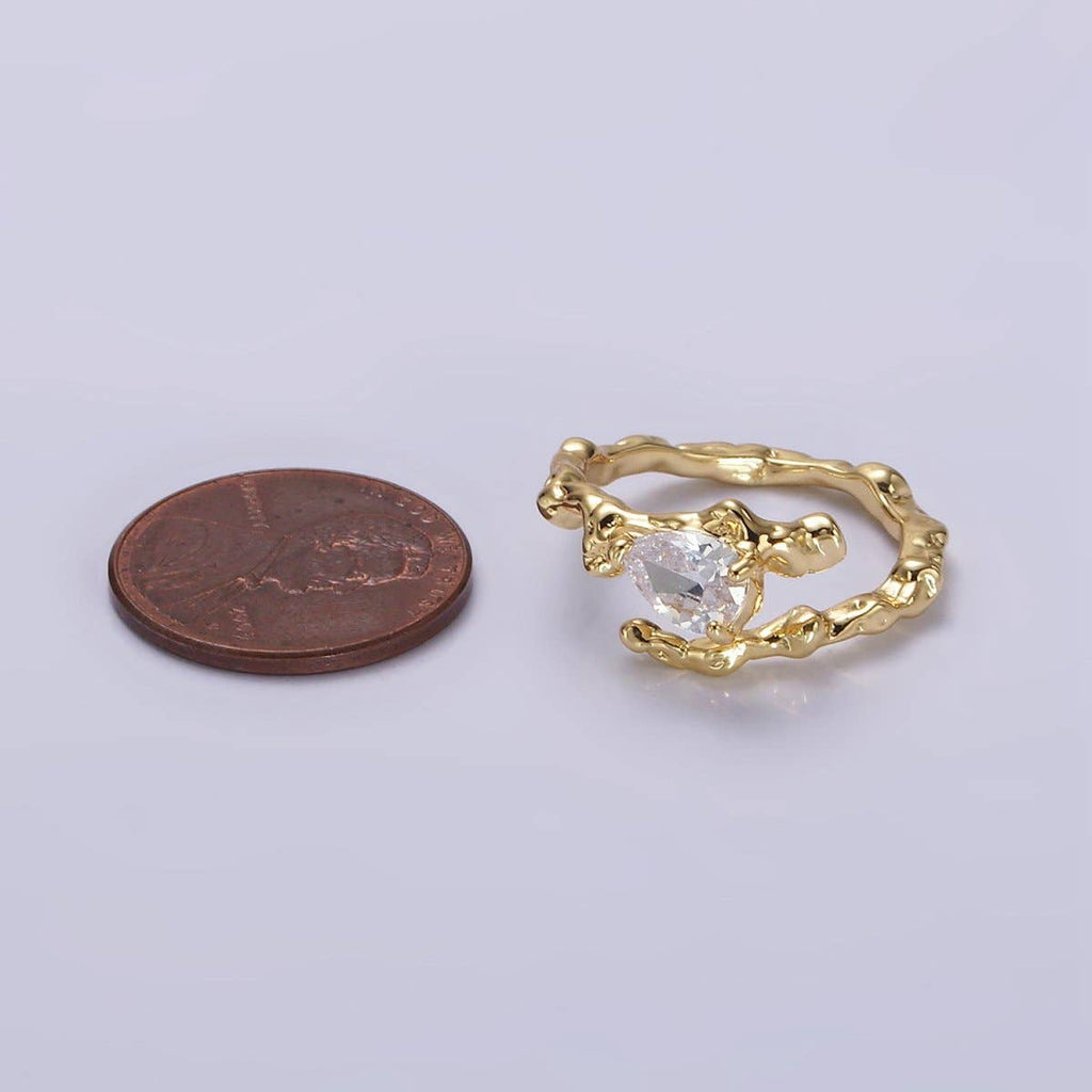 14K Gold Filled Clear CZ Teardrop Molten Drip Open Ring | O-603