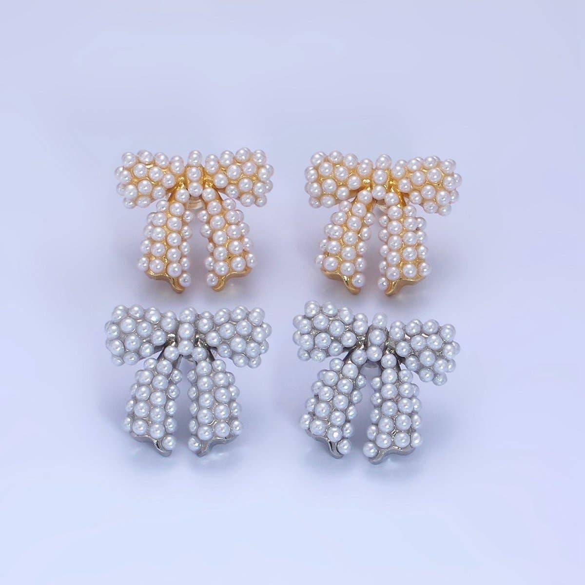 14K Gold Filled Pearl Ribbon Bow Stud Earrings in Gold & Silver | P246 P247