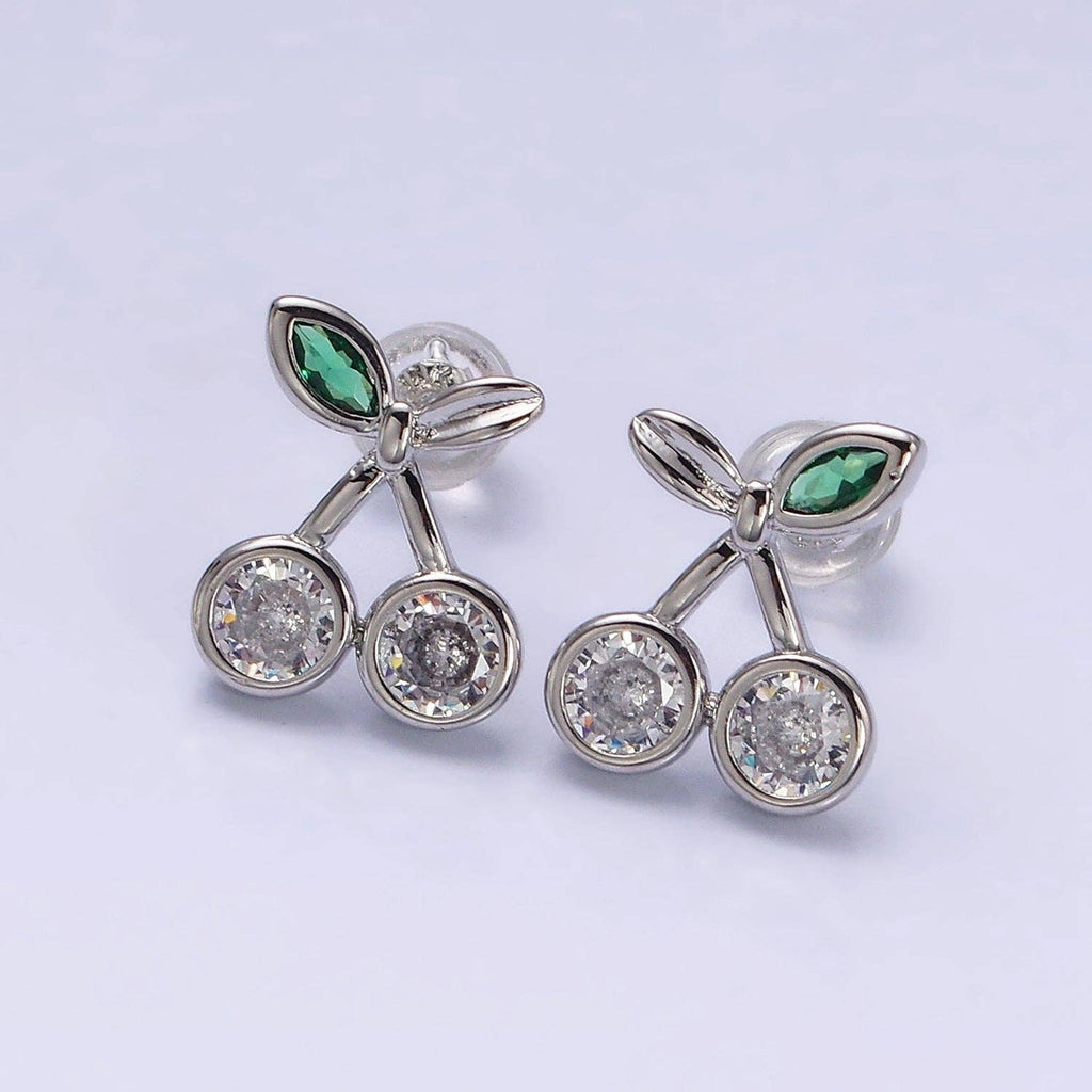 Gold Filled Clear CZ Cherry Fruit Green Leaf Stud Earrings
