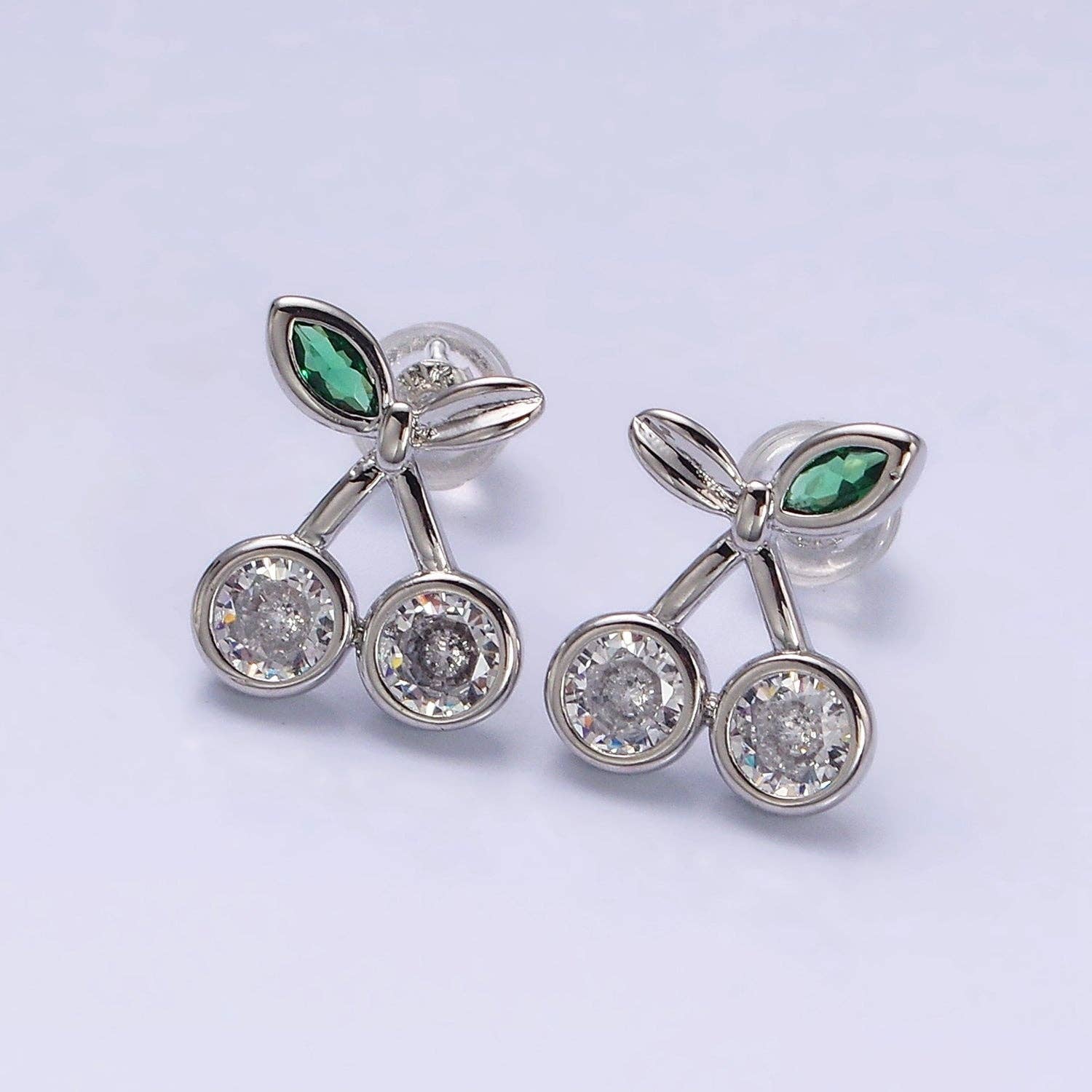 Gold Filled Clear CZ Cherry Fruit Green Leaf Stud Earrings