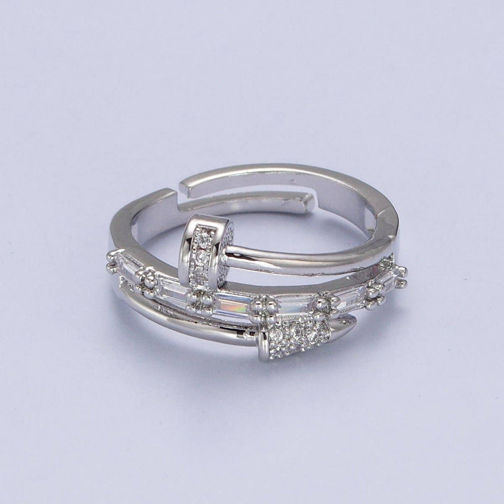Clear Micro Paved Baguette Adjustable Nail Ring in Gold & Silver |  O-258