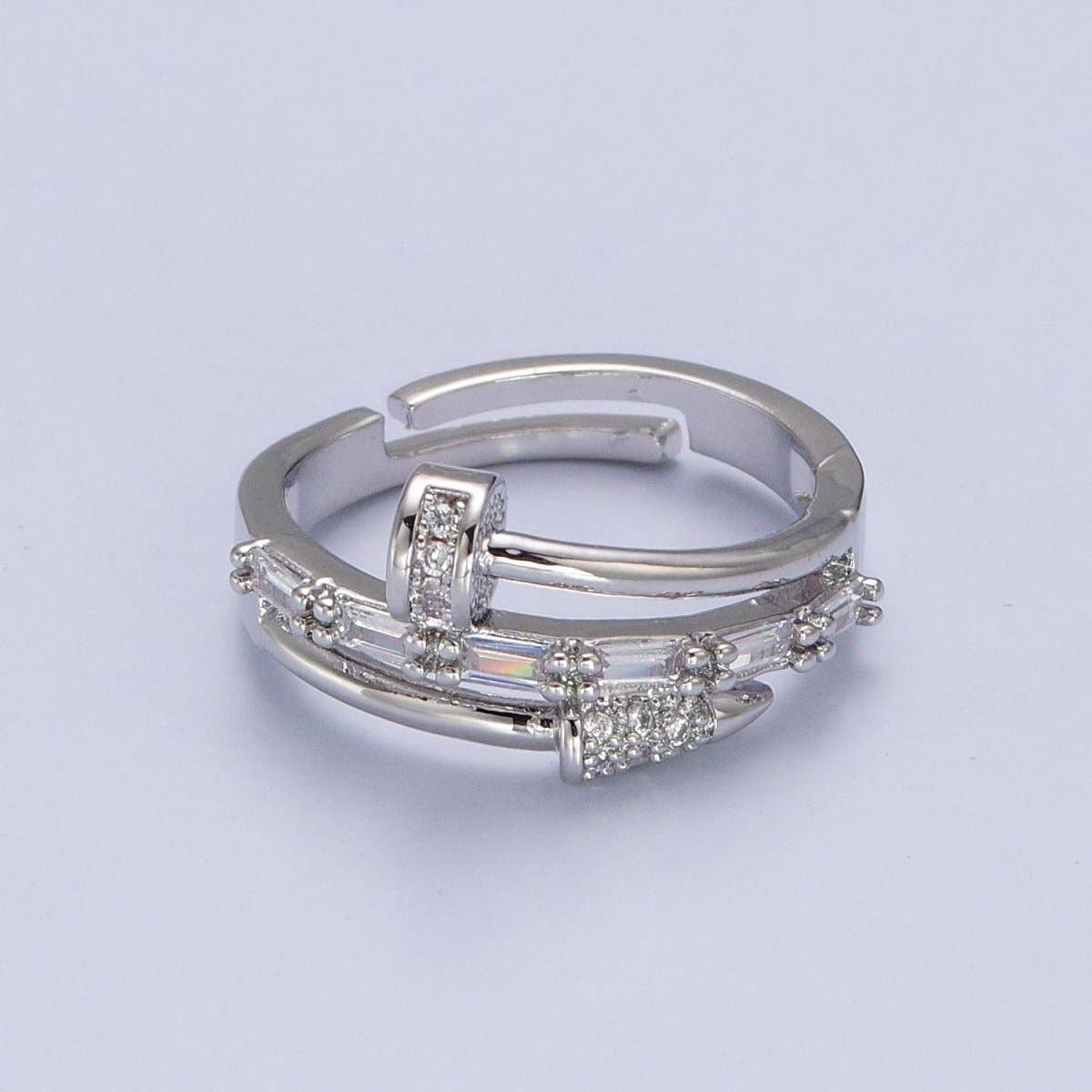 Clear Micro Paved Baguette Adjustable Nail Ring in Gold & Silver |  O-258