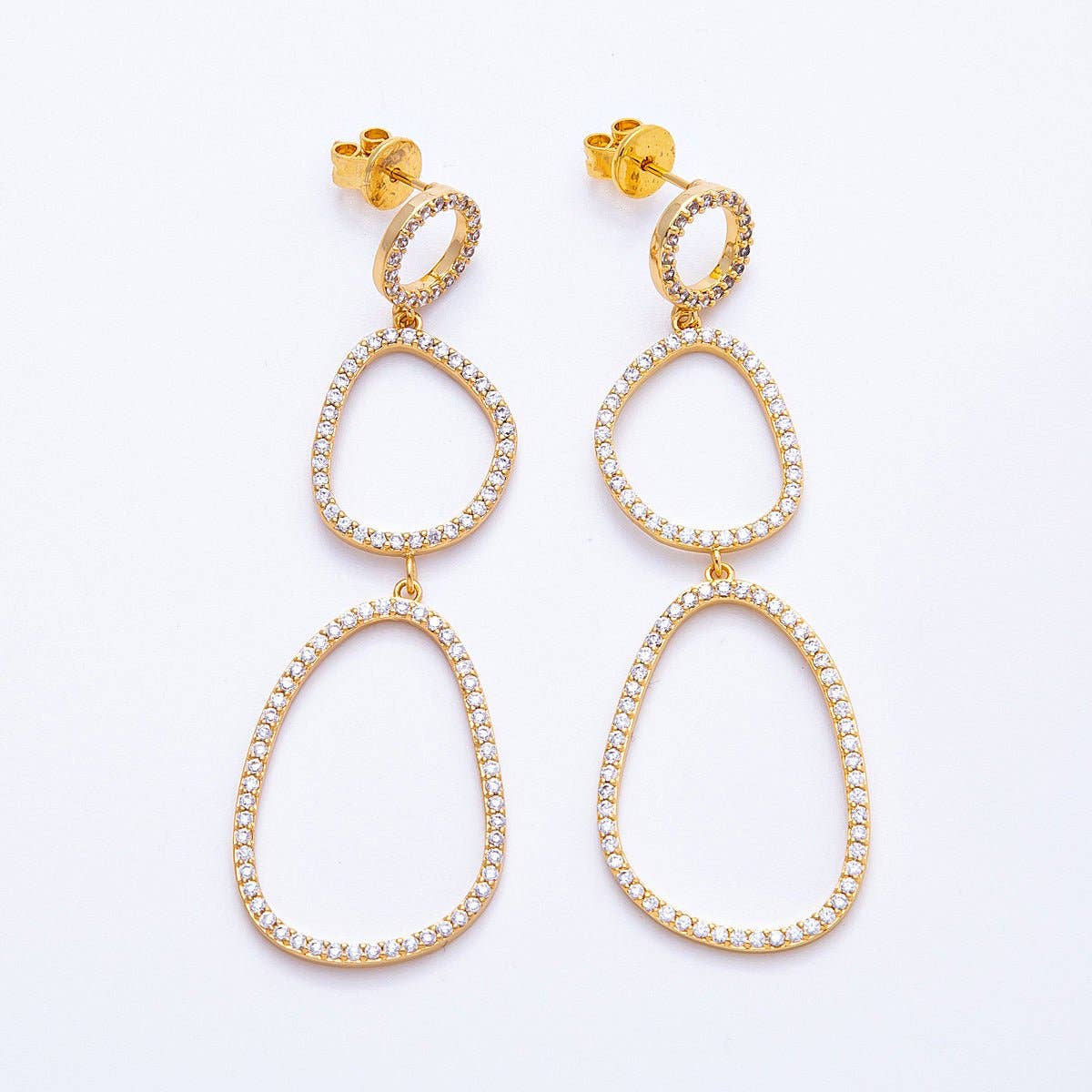 18K Gold Filled 66mm Micro Paved CZ Open Irregular Geometric Drop Studs | Earrings-00204